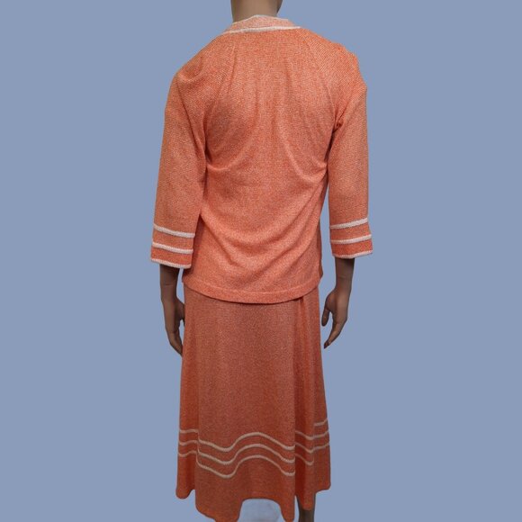 Vintage 70s Long Sweater Dress Cardigan 2 Piece Set Orange White Striped Size M - Picture 9 of 10